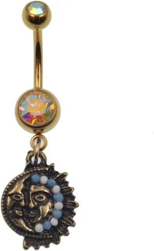 1 Piece Half of Sun/Moon Face Dangle Navel Ring Gold Belly Button Ring Body Piercing Jewelry
