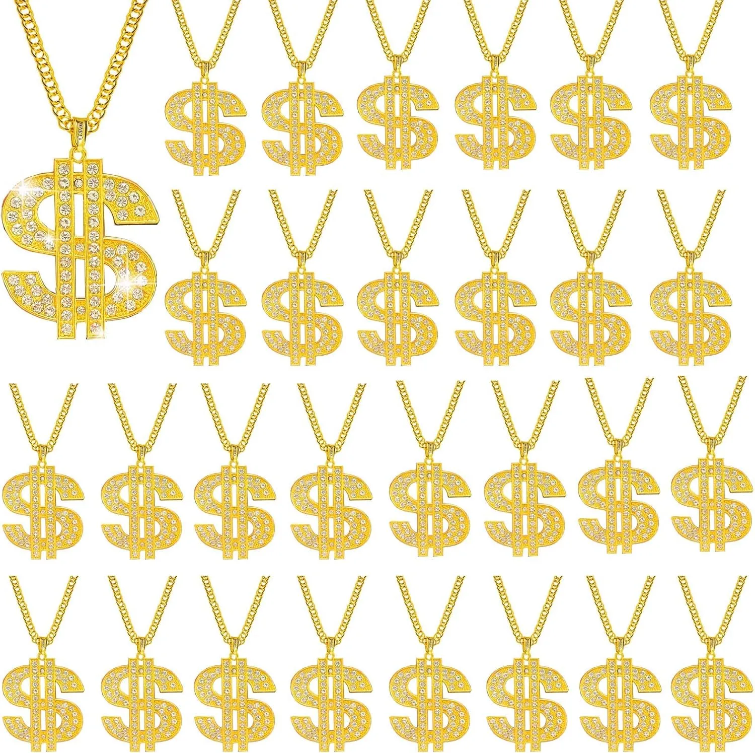 12 Pack Big Gold Chain with Dollar Sign Money Necklaces Fake Dollar Gold Plated Stainless Steel Jewelry Fashion Pendants for Men Women 80s 90s Hip Hop Accessory Halloween Christmas Party Dress Up