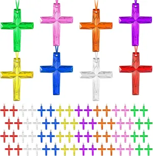 120 Pieces Crystal Cross Necklace Plastic Cross Necklace Church Welcome Necklace Christian Religious Party Supplies for Sunday School Vacation Bible School Religious Easter, 8 Colors