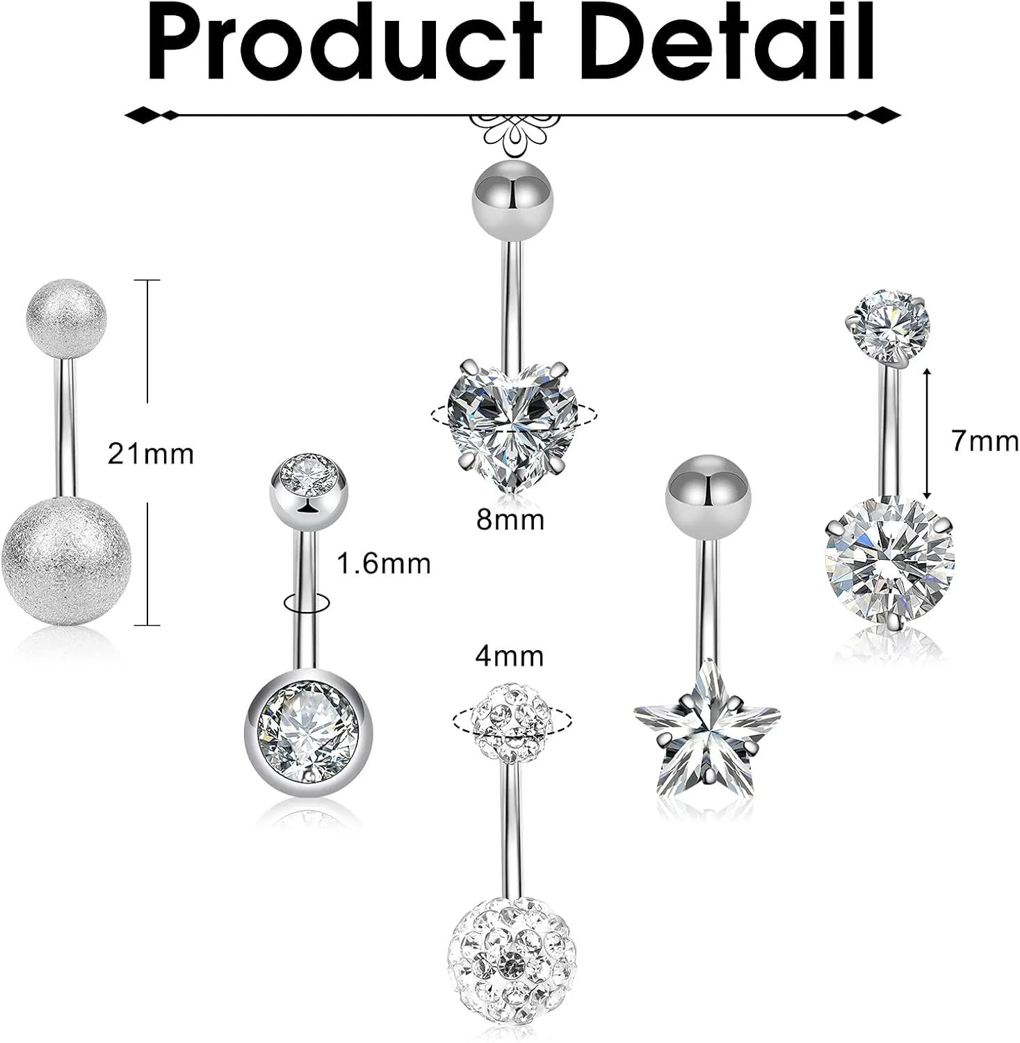 12/15Pcs Belly Button Rings 14G Belly Rings for Women CZ Dangle Curved Navel Barbell Body Piercing Jewelry with Gift Box