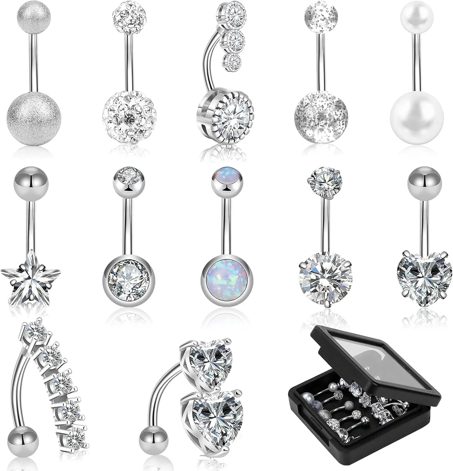 12/15Pcs Belly Button Rings 14G Belly Rings for Women CZ Dangle Curved Navel Barbell Body Piercing Jewelry with Gift Box