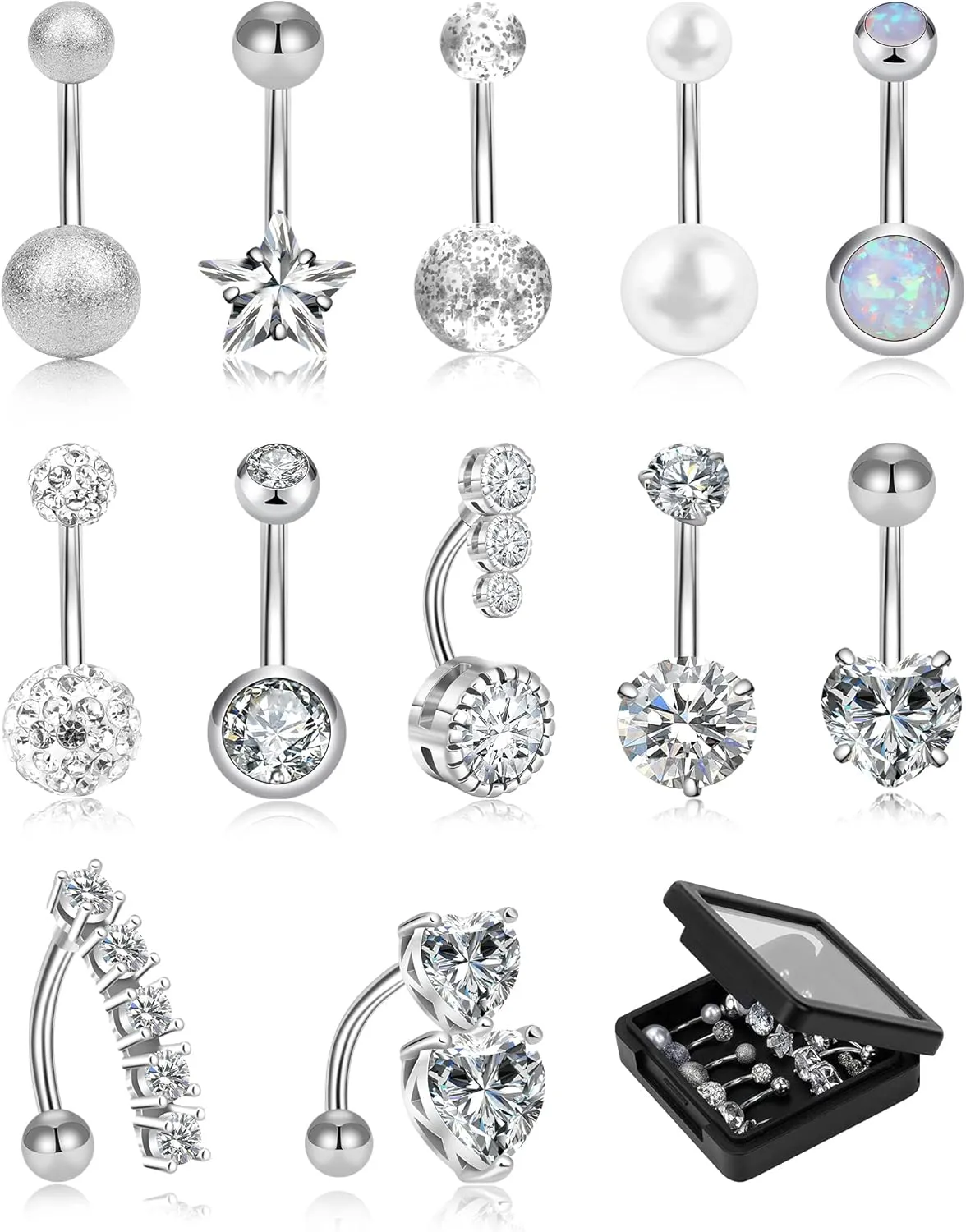 12/15Pcs Belly Button Rings 14G Belly Rings for Women CZ Dangle Curved Navel Barbell Body Piercing Jewelry with Gift Box