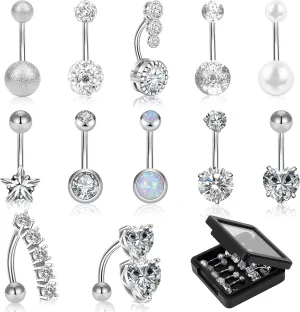 12/15Pcs Belly Button Rings 14G Belly Rings for Women CZ Dangle Curved Navel Barbell Body Piercing Jewelry with Gift Box