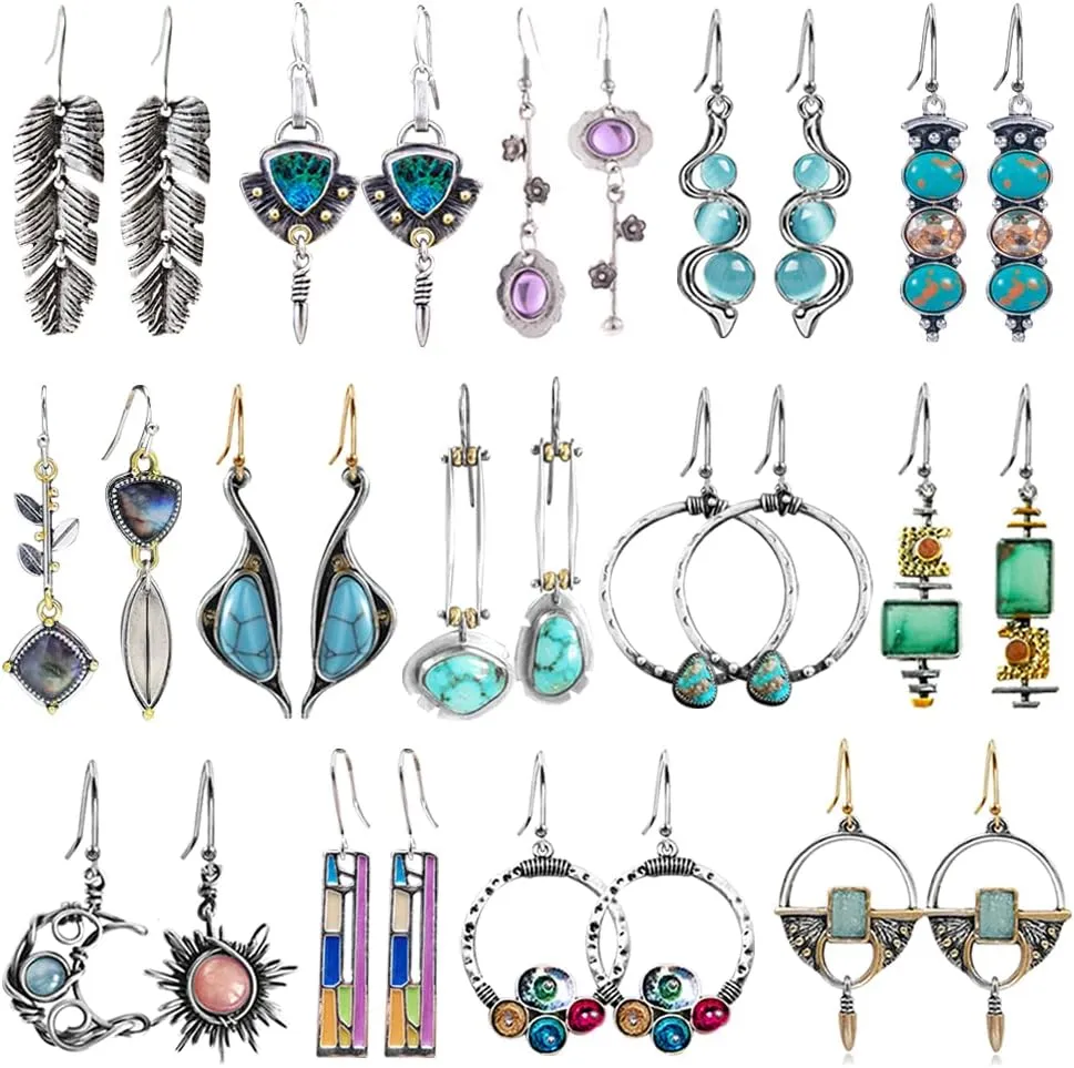 14 Pairs Vintage Teardrop Dangle Earrings for Women Boho Retro Leaf Drop Earring Set Bohemian Stylish Fashion Jewelry