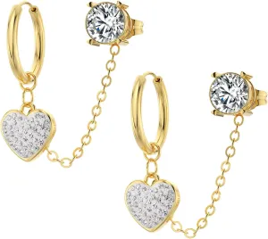14K Gold Chain Earrings for Women - Double Piercing Dangle Chain, Detachable Huggie Hoop Earrings with Cubic Zirconia Studs & Anchor Dangle Design, 316L Surgical Steel Hypoallergenic Earrings.