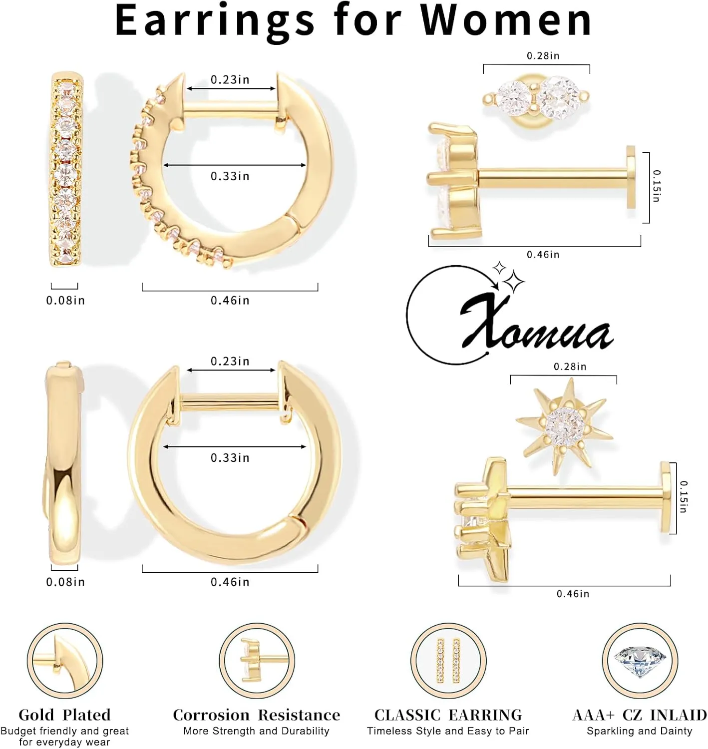 14K Gold Earrings, Hypoallergenic Surgical Steel Earrings for Women, Small 14K Gold Plated Hoop Earrings Trendy, Tragus Piercing Jewelry Flat Back Stud Perfect for Fashion Style.