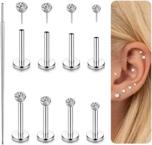14K Gold Filled Threadless Nose Studs for Women Men-316L Surgical Steel Push in Flat Back Stud Earrings CZ Nose Nostril Tragus Helix Cartilage Conch Piercing Jewelry Hypoallergenic 20G 18G