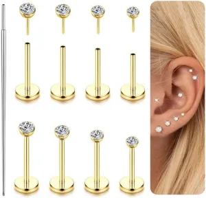 14K Gold Filled Threadless Nose Studs for Women Men-316L Surgical Steel Push in Flat Back Stud Earrings CZ Nose Nostril Tragus Helix Cartilage Conch Piercing Jewelry Hypoallergenic 20G 18G