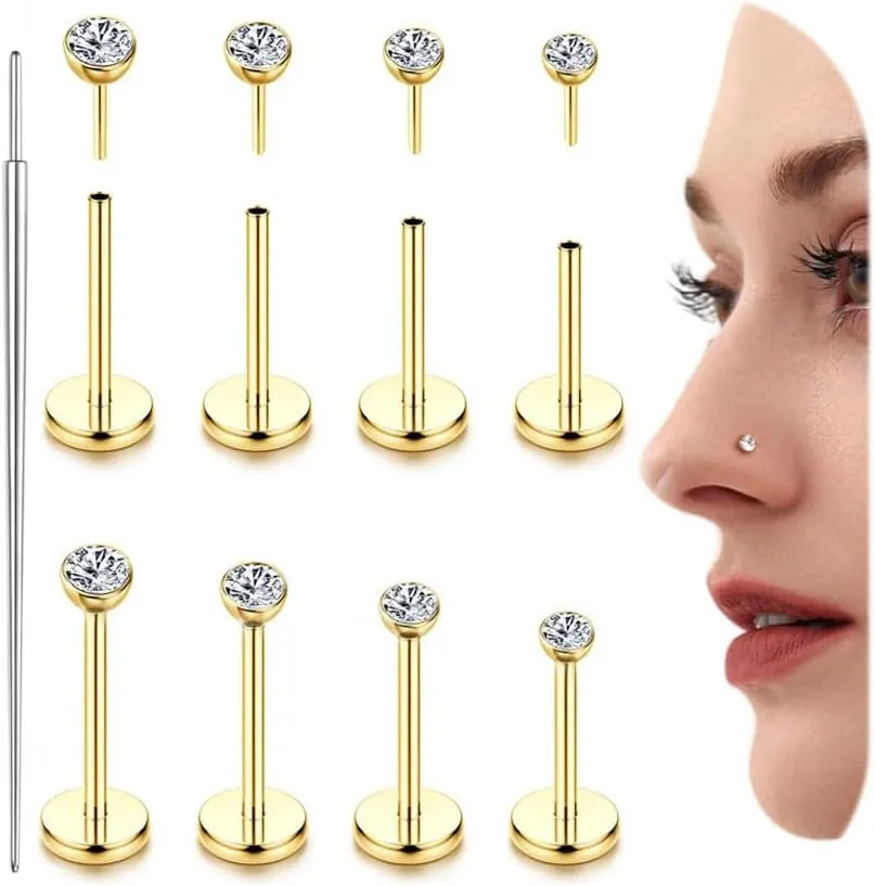 14K Gold Filled Threadless Nose Studs for Women Men-316L Surgical Steel Push in Flat Back Stud Earrings CZ Nose Nostril Tragus Helix Cartilage Conch Piercing Jewelry Hypoallergenic 20G 18G