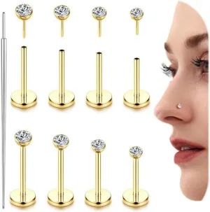 14K Gold Filled Threadless Nose Studs for Women Men-316L Surgical Steel Push in Flat Back Stud Earrings CZ Nose Nostril Tragus Helix Cartilage Conch Piercing Jewelry Hypoallergenic 20G 18G