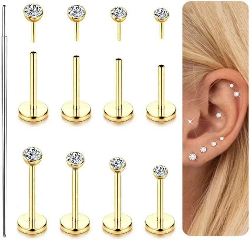 14K Gold Filled Threadless Nose Studs for Women Men-316L Surgical Steel Push in Flat Back Stud Earrings CZ Nose Nostril Tragus Helix Cartilage Conch Piercing Jewelry Hypoallergenic 20G 18G