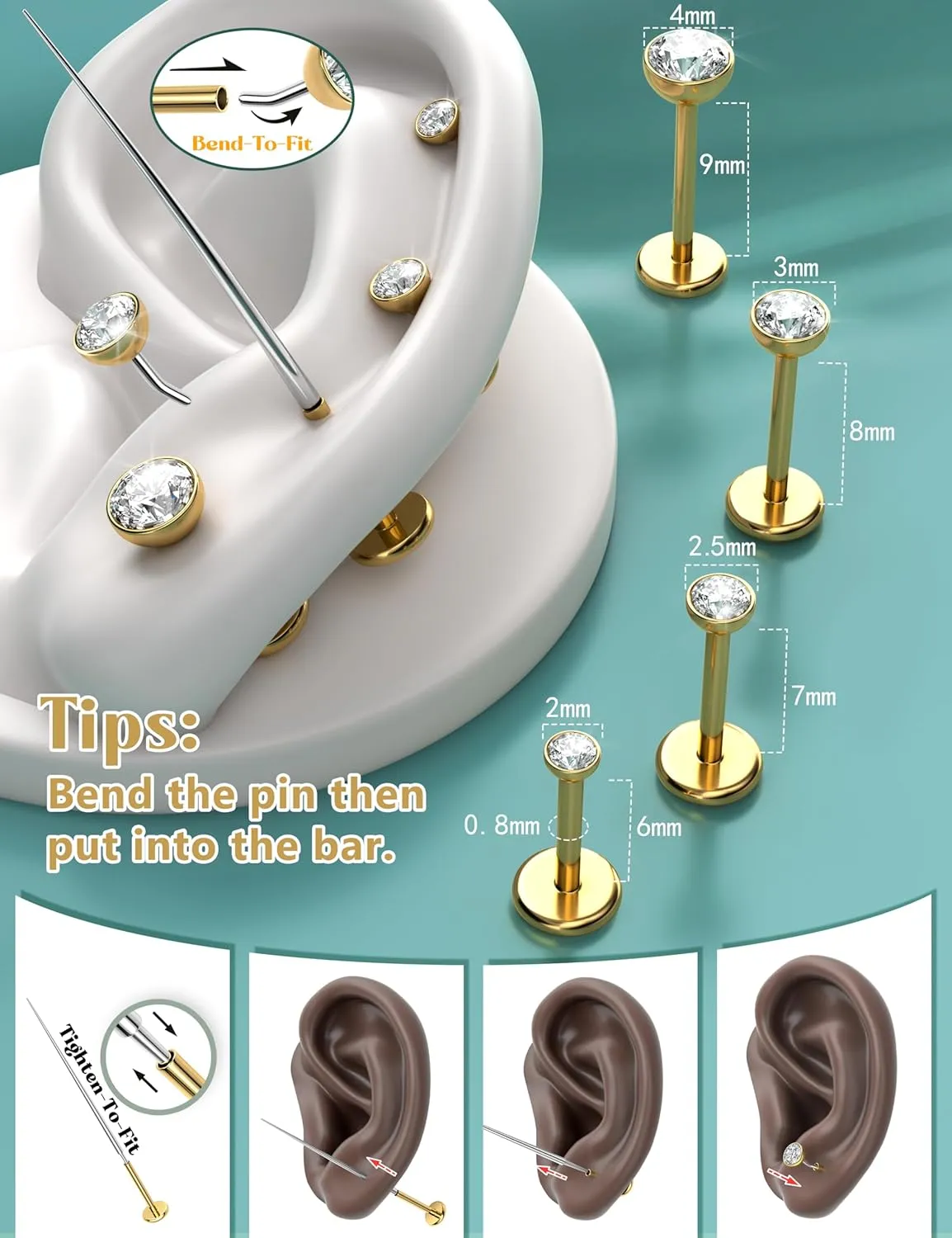 14K Gold Filled Threadless Nose Studs for Women Men-316L Surgical Steel Push in Flat Back Stud Earrings CZ Nose Nostril Tragus Helix Cartilage Conch Piercing Jewelry Hypoallergenic 20G 18G