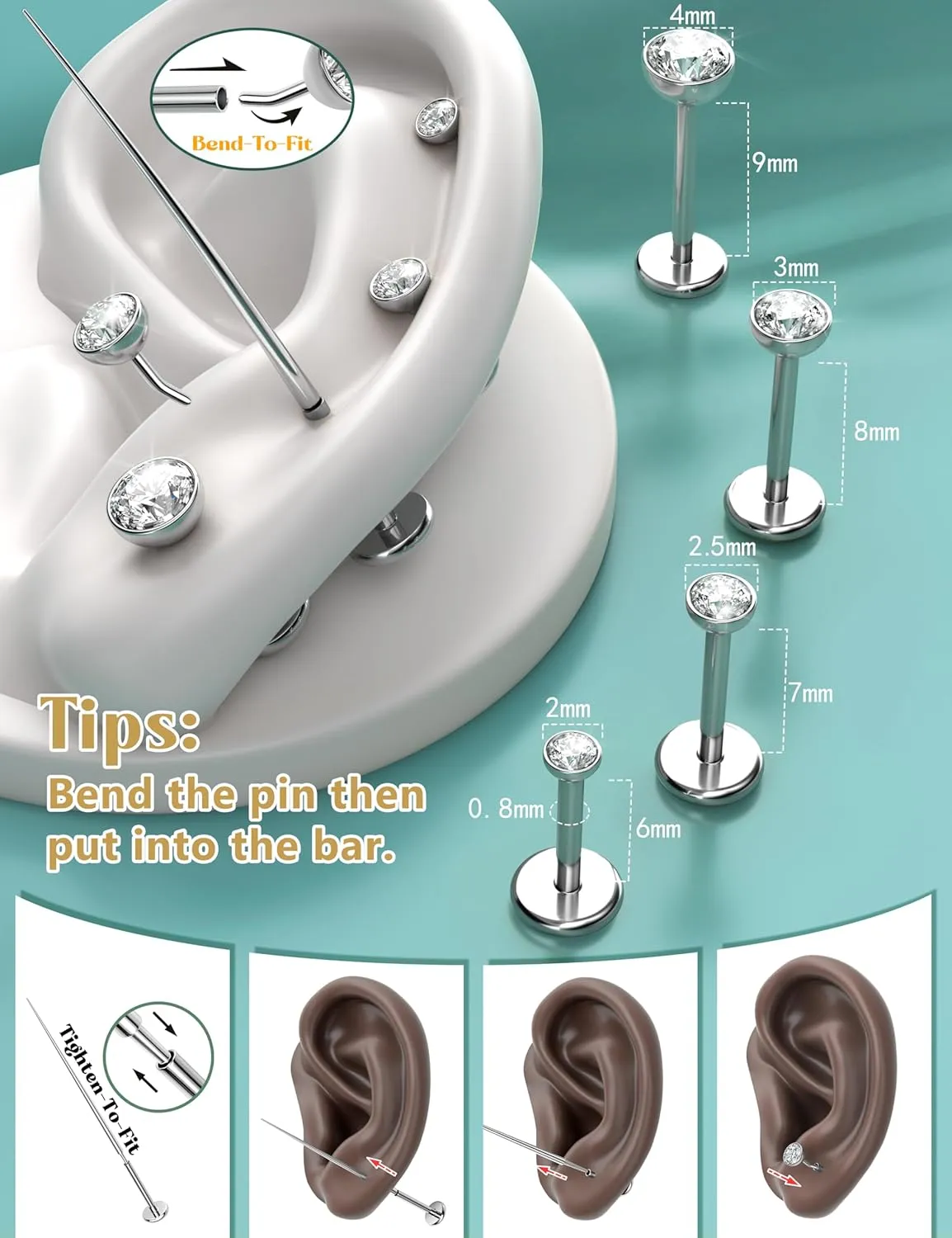 14K Gold Filled Threadless Nose Studs for Women Men-316L Surgical Steel Push in Flat Back Stud Earrings CZ Nose Nostril Tragus Helix Cartilage Conch Piercing Jewelry Hypoallergenic 20G 18G