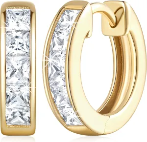 14K Gold Hoop Earrings for Women 14K Gold Earrings Dazzling Square Cubic Zirconia Lightweight Huggie Womens Earring Hoops 13/20/25mm