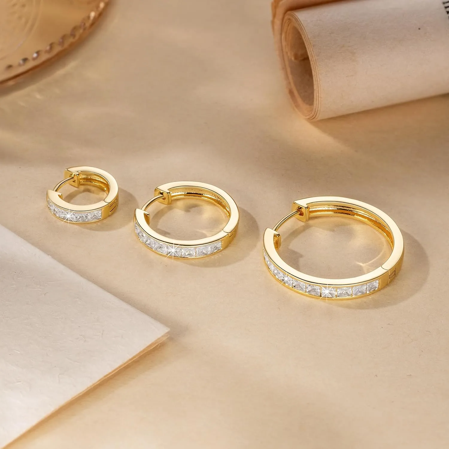 14K Gold Hoop Earrings for Women 14K Gold Earrings Dazzling Square Cubic Zirconia Lightweight Huggie Womens Earring Hoops 13/20/25mm