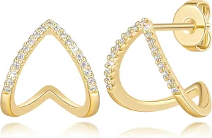 14K Gold Hoop Earrings for Women Gold Stud Earrings with Cubic Zirconia Dynamic Lines with Sense of Life Womens Hoop Stud Earring 15mm