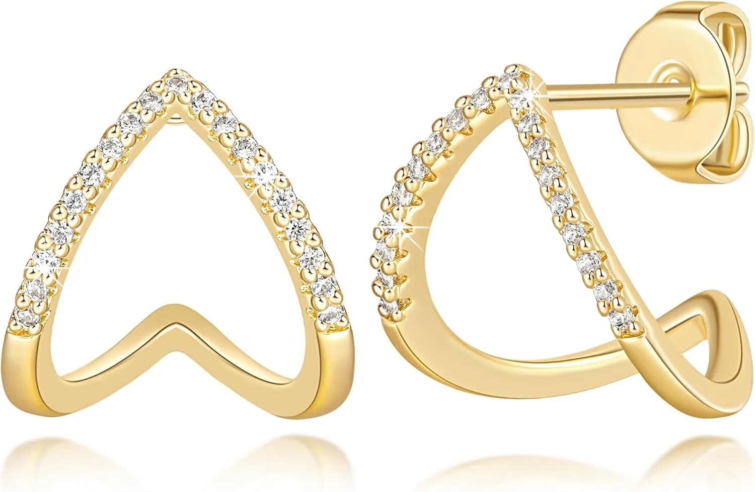 14K Gold Hoop Earrings for Women Gold Stud Earrings with Cubic Zirconia Dynamic Lines with Sense of Life Womens Hoop Stud Earring 15mm