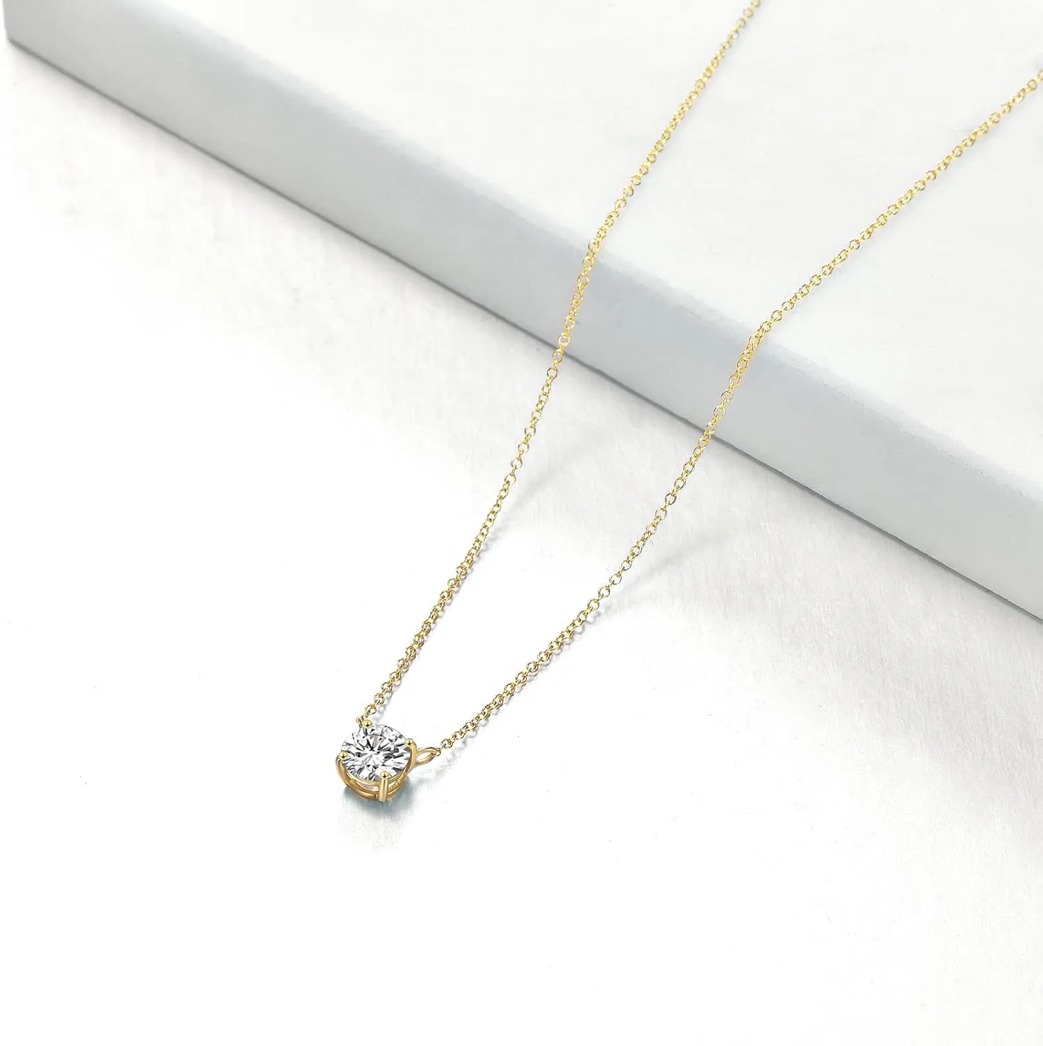 14K Gold Moissanite Necklace Round Cut Moissanite Solitaire Simulated Diamond Pendant Necklace for Women, Birthday Mothers Day Gifts for Mom Her Wife, Available in 0.5-2CT, 16 2 Inches Chain
