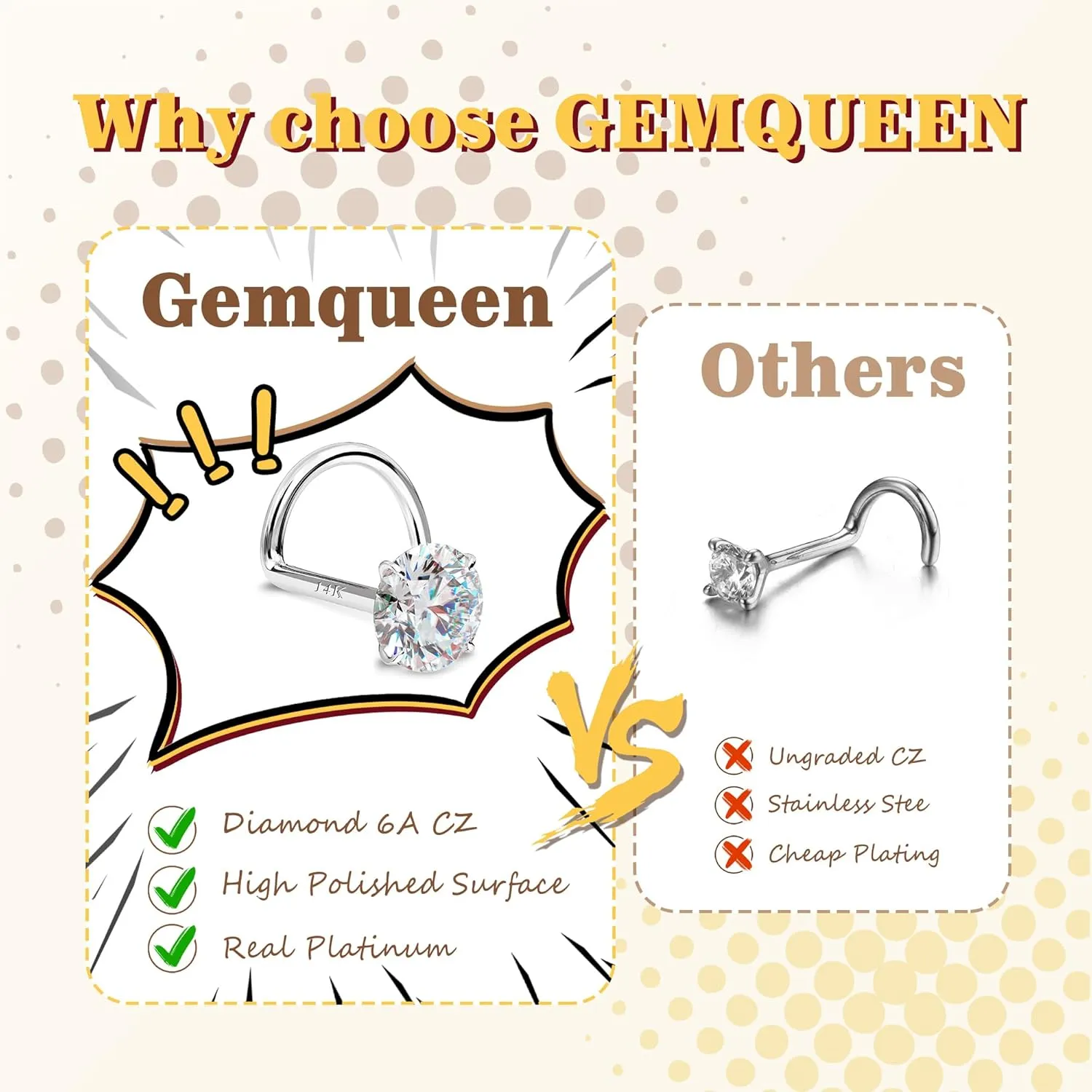 14K Gold Nose Rings Studs : Solid Gold 18G 20G 22G Screw Nose Rings Simulated Diamond CZ Nose Studs Hypoallergenic Nose Piercings for Women Men
