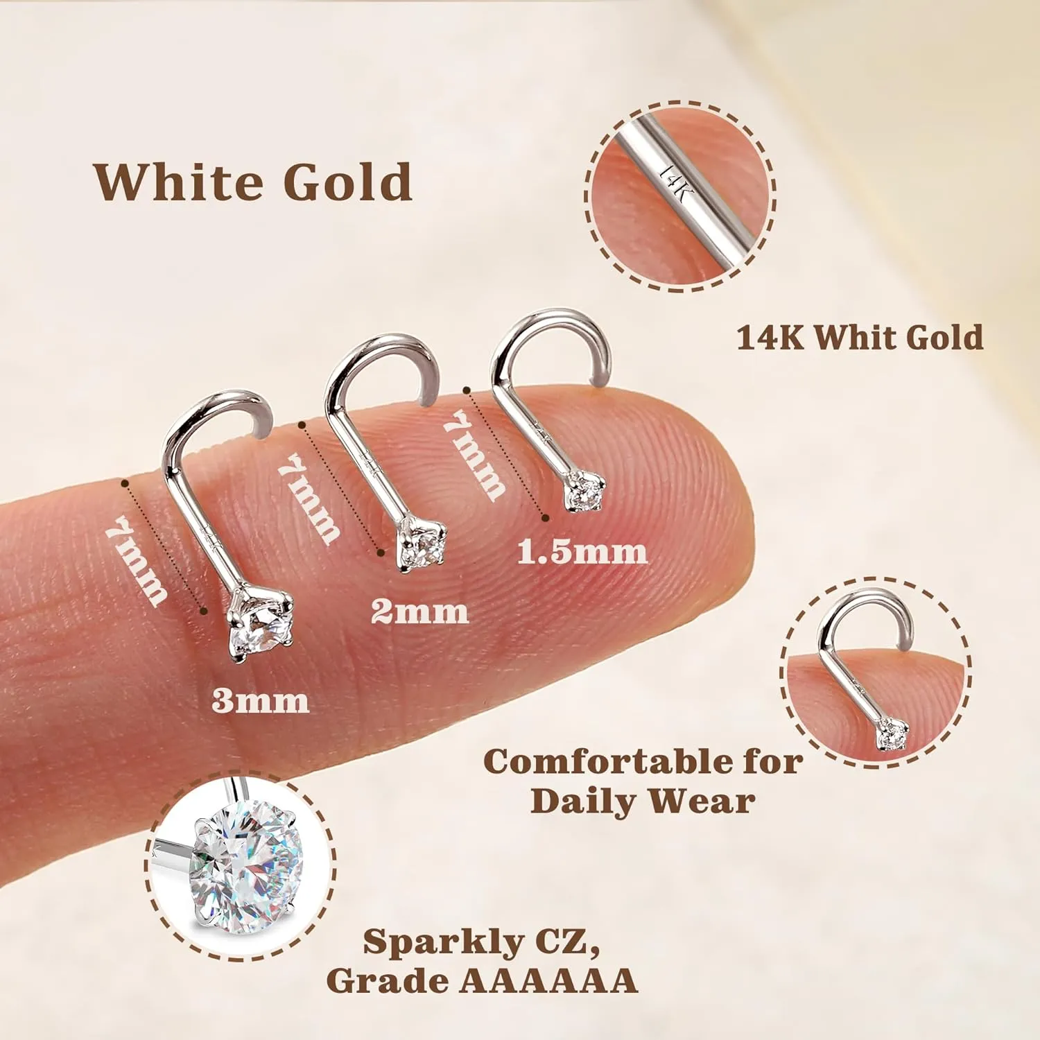 14K Gold Nose Rings Studs : Solid Gold 18G 20G 22G Screw Nose Rings Simulated Diamond CZ Nose Studs Hypoallergenic Nose Piercings for Women Men