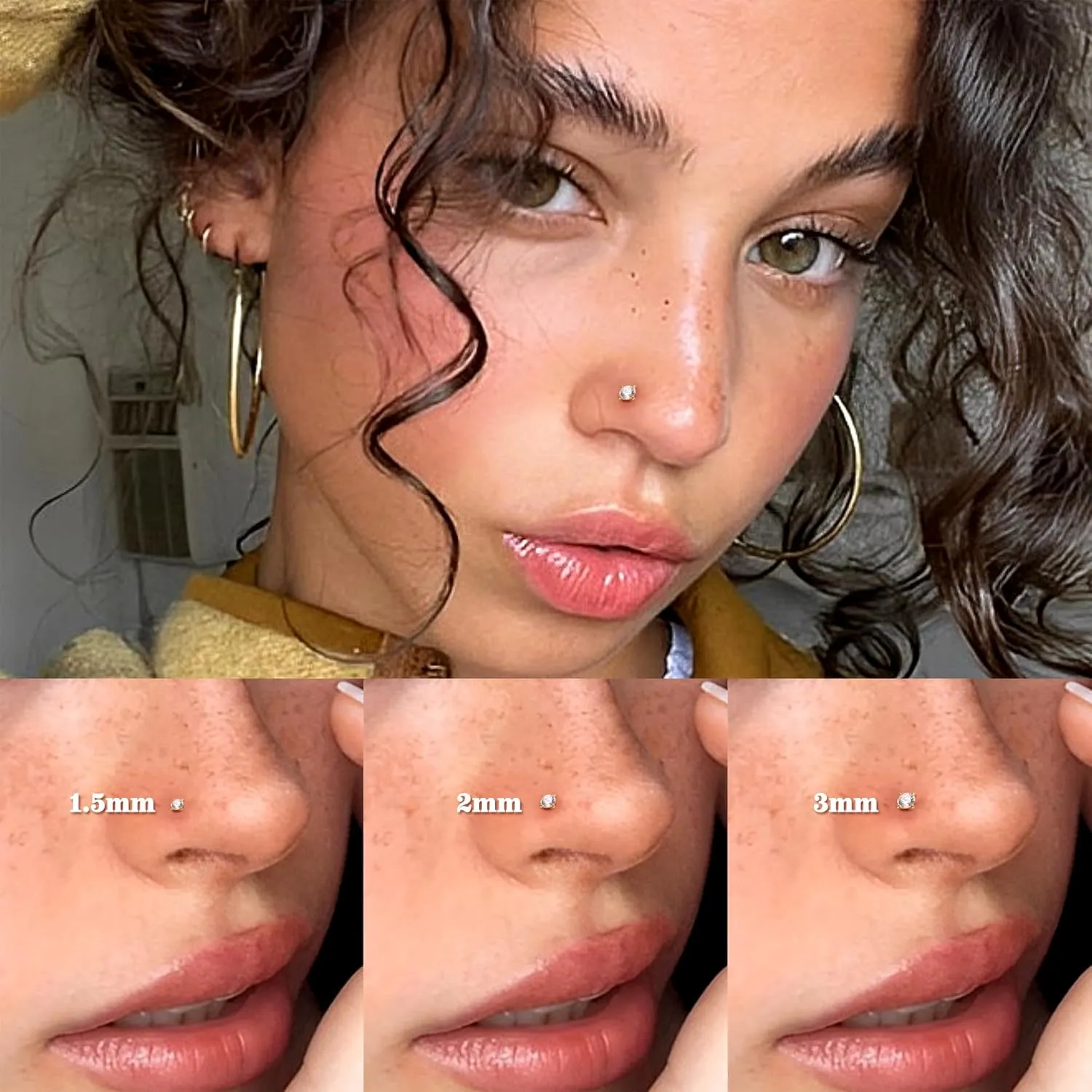 14K Gold Nose Rings Studs : Solid Gold 18G 20G 22G Screw Nose Rings Simulated Diamond CZ Nose Studs Hypoallergenic Nose Piercings for Women Men