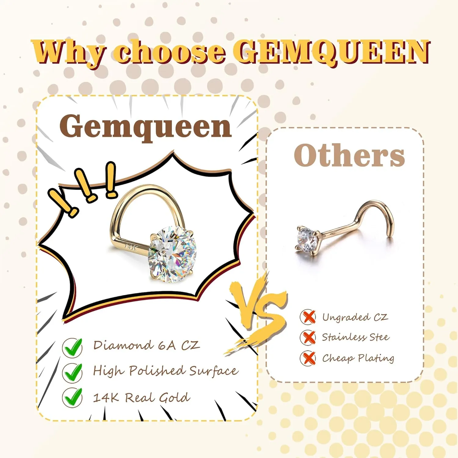 14K Gold Nose Rings Studs : Solid Gold 18G 20G 22G Screw Nose Rings Simulated Diamond CZ Nose Studs Hypoallergenic Nose Piercings for Women Men