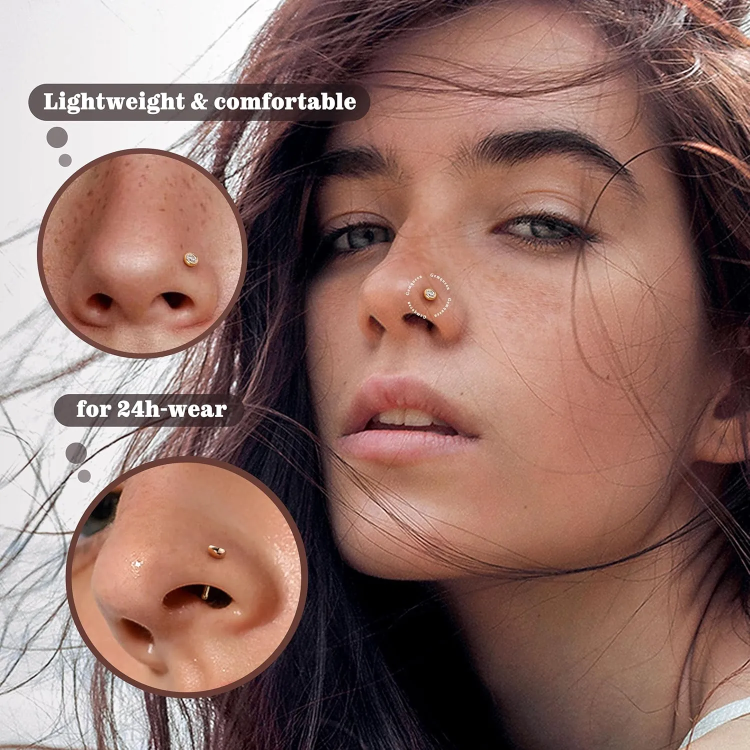 14K Gold Nose Rings Studs : Solid Gold 18G 20G Straight Nose Rings Simulated Diamond CZ Nose Studs Hypoallergenic Nose Piercings for Women Men 1.5/2/3mm