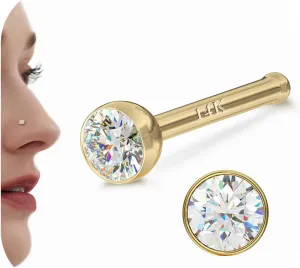 14K Gold Nose Rings Studs : Solid Gold 18G 20G Straight Nose Rings Simulated Diamond CZ Nose Studs Hypoallergenic Nose Piercings for Women Men 1.5/2/3mm