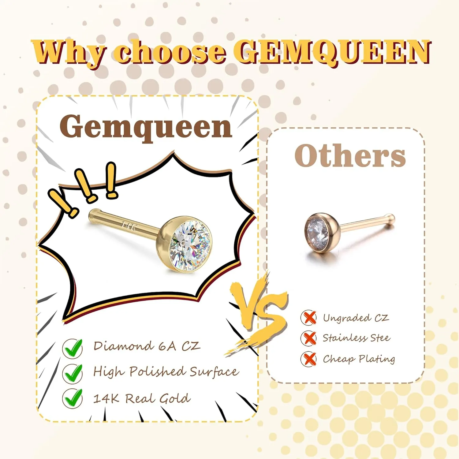 14K Gold Nose Rings Studs : Solid Gold 18G 20G Straight Nose Rings Simulated Diamond CZ Nose Studs Hypoallergenic Nose Piercings for Women Men 1.5/2/3mm