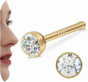 14K Gold Nose Rings Studs : Solid Gold 18G 20G Straight Nose Rings Simulated Diamond CZ Nose Studs Hypoallergenic Nose Piercings for Women Men 1.5/2/3mm