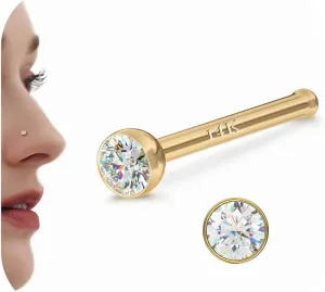 14K Gold Nose Rings Studs : Solid Gold 18G 20G Straight Nose Rings Simulated Diamond CZ Nose Studs Hypoallergenic Nose Piercings for Women Men 1.5/2/3mm