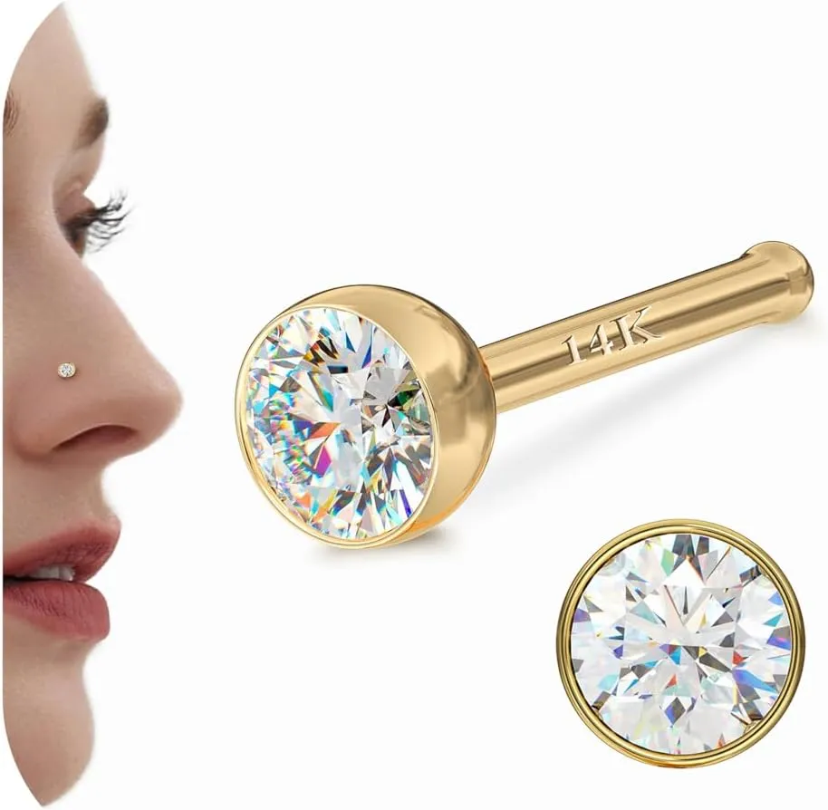 14K Gold Nose Rings Studs : Solid Gold 18G 20G Straight Nose Rings Simulated Diamond CZ Nose Studs Hypoallergenic Nose Piercings for Women Men 1.5/2/3mm