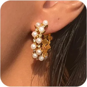 14K Gold Pearl Earrings for Women - Trendy Hoop, Cute Huggie, Drop, Dainty Cubic Zirconia Studs Jewelry