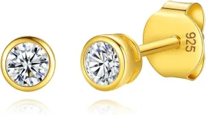 14K Gold Plated 925 Sterling Silver Cubic Zirconia Round Bezel Set Stud Earrings, 2mm to 4mm Stone