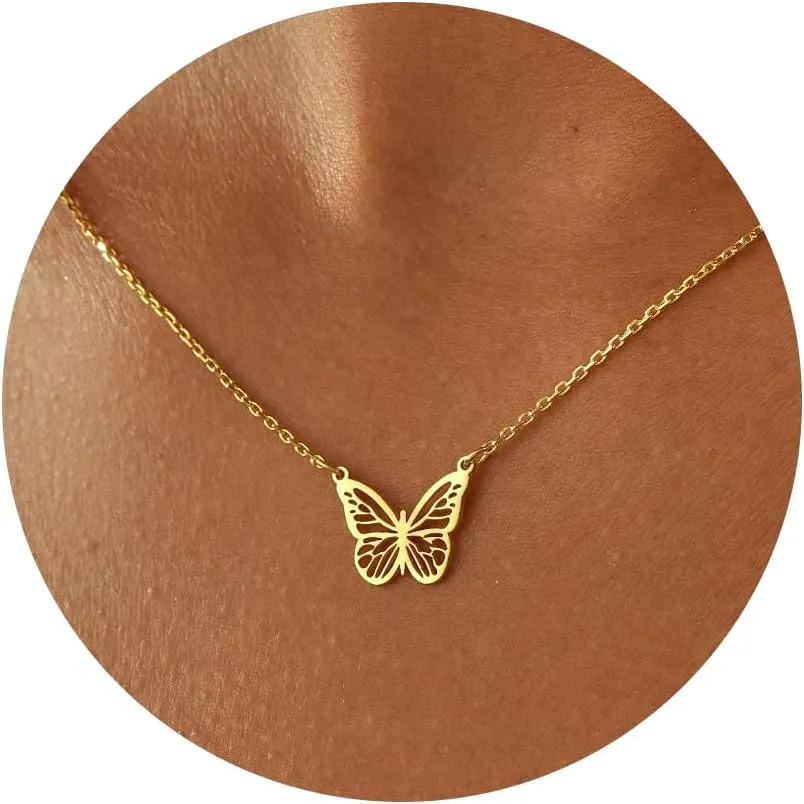 14K Gold Plated Dainty Butterfly Baseball Crown Compass Shell Starfish Airplane Bird Heart Lightning Leaf Turtle Horse Cherry Paperclip Bow Necklace Simple Jewelry