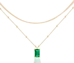 14K Gold Plated Layering Necklaces Emerald Rectangle Dark Green Pendant for Women Layered Choker Christmas Jewelry