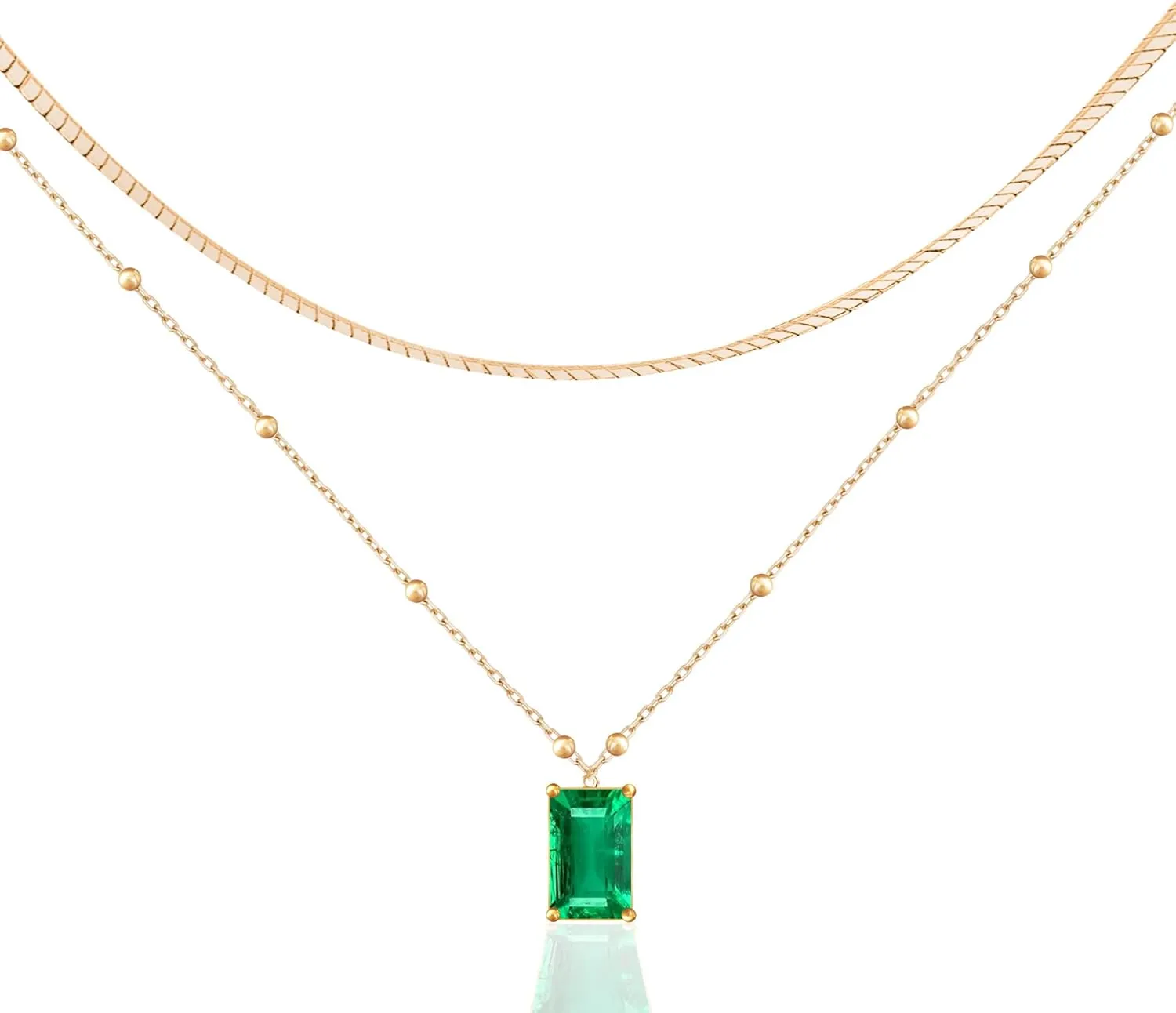 14K Gold Plated Layering Necklaces Emerald Rectangle Dark Green Pendant for Women Layered Choker Christmas Jewelry