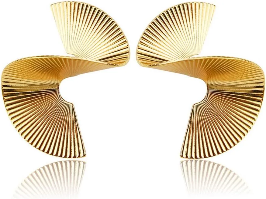 14K Gold Plated/Silver Texture Striped Spiral Irregular Geometric Stud Earrings Statement Unique Abstract Earrings Simple Chic Earrings Big Golden Fashion Jewelry Boho Tribal Metal Earrings