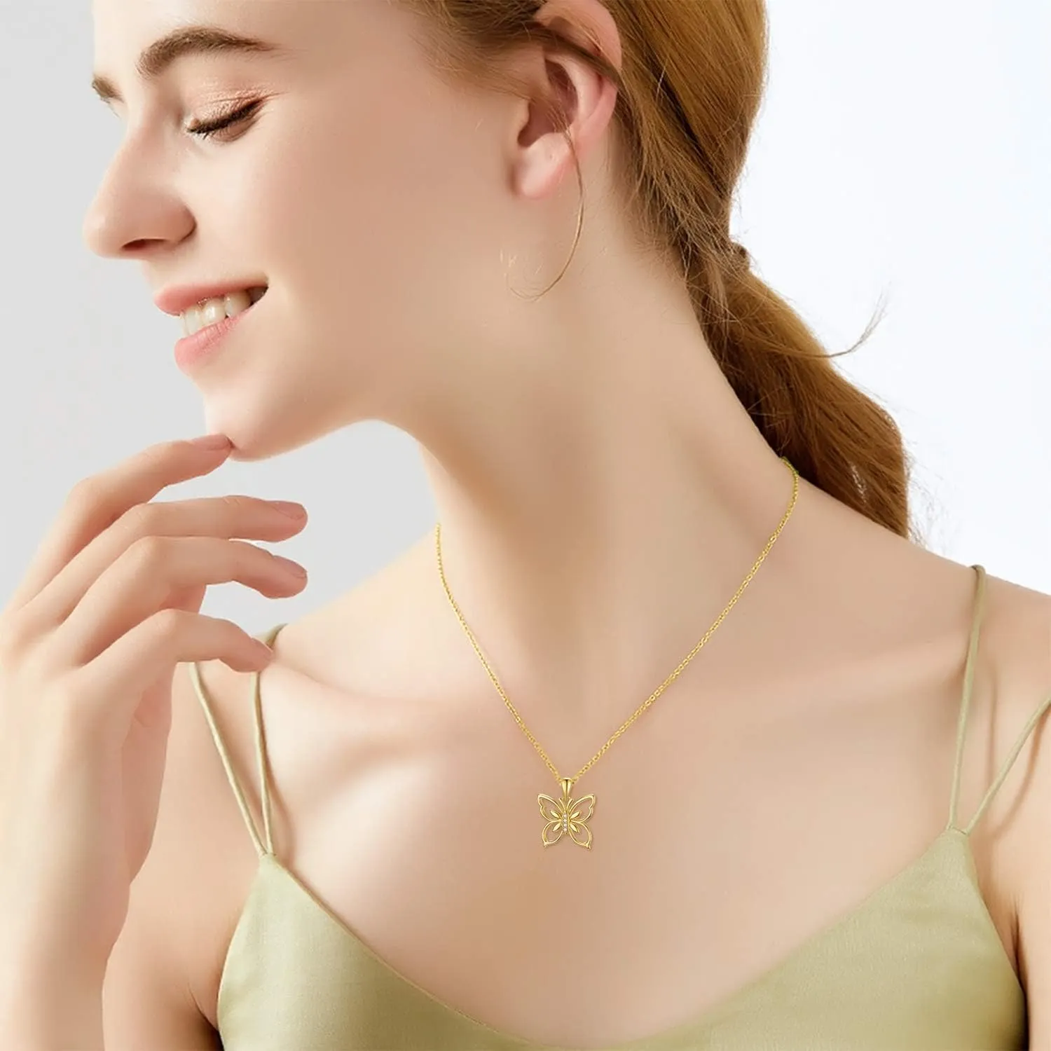 14K Solid Gold Diamond Butterfly Necklace, Genuine Natural Diamonds Delicate Yellow Gold Butterfly Pendant Jewelry Gift for Women Girls 16 2 Inch