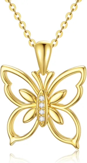 14K Solid Gold Diamond Butterfly Necklace, Genuine Natural Diamonds Delicate Yellow Gold Butterfly Pendant Jewelry Gift for Women Girls 16 2 Inch