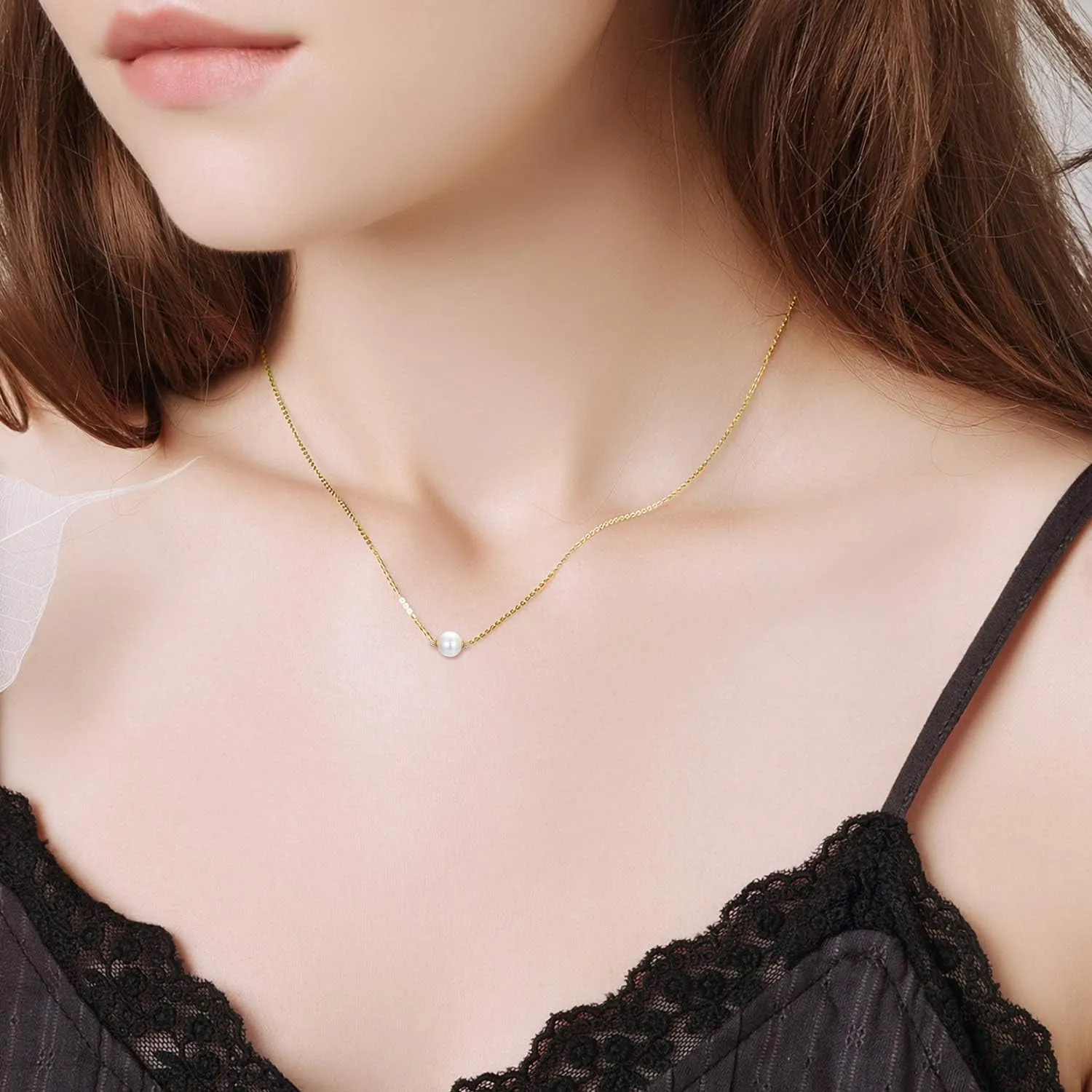 14K Solid Gold Pearl Necklace for Women, Delicate Cultured Freshwater Pearl Choker Pendant Necklace Love Jewelry Gift for Girls, Mom, Wife 16"-18"