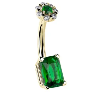 14K Yellow Gold Emerald and Flower Cut Belly Bar