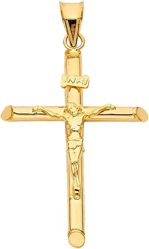 14K Yellow Gold Jesus Engraved Cross Pendant - Crucifix Charm Polish Finish - Handmade Spiritual Symbol - Gold Stamped Fine Jewelry - Great Gift for Men & Women