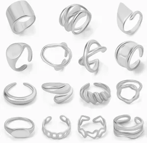 15 Pcs Chunky Gold Rings Set for Women, 18K Gold Plated Open Knuckle Stackable Rings, Adjustable Dome Signet Rings, That Don't Tarnish Gold Rings Jewelry Pack for Christmas Gifts-Size 7-9