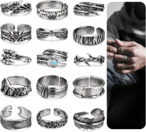 15PCS Vintage Rings for Men Adjustable Retro Gothic Rings Cool Sliver Punk Open Ring Angel Wings Finger Rings Pack
