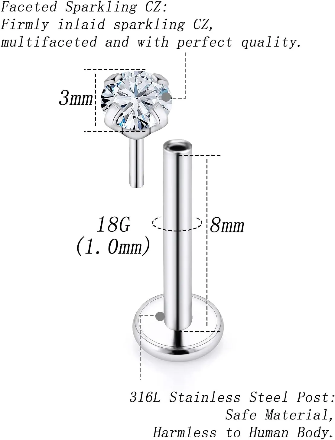 16G 18G 20G Threadless Push in Lip Rings for Women Stainless Steel Labret Jewelry Monroe Lip Ring Medusa Piercing Jewelry Tragus Helix Cartilage Earring Piercing Jewelry for Women Silver 8MM