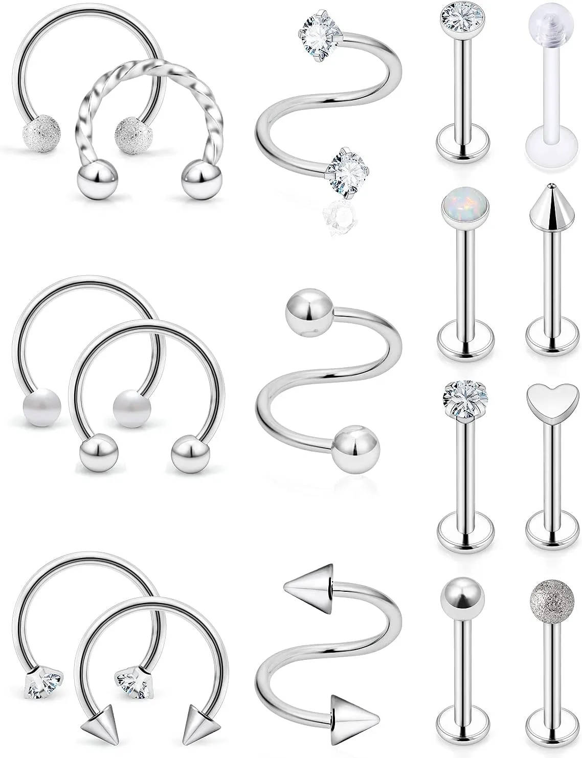 16G Lip Rings and Studs - Stainless Steel Horseshoe, Medusa Labret, Monroe Piercing Jewelry for Women - Tragus, Helix, Cartilage, Forward Earrings Retainer 17pcs