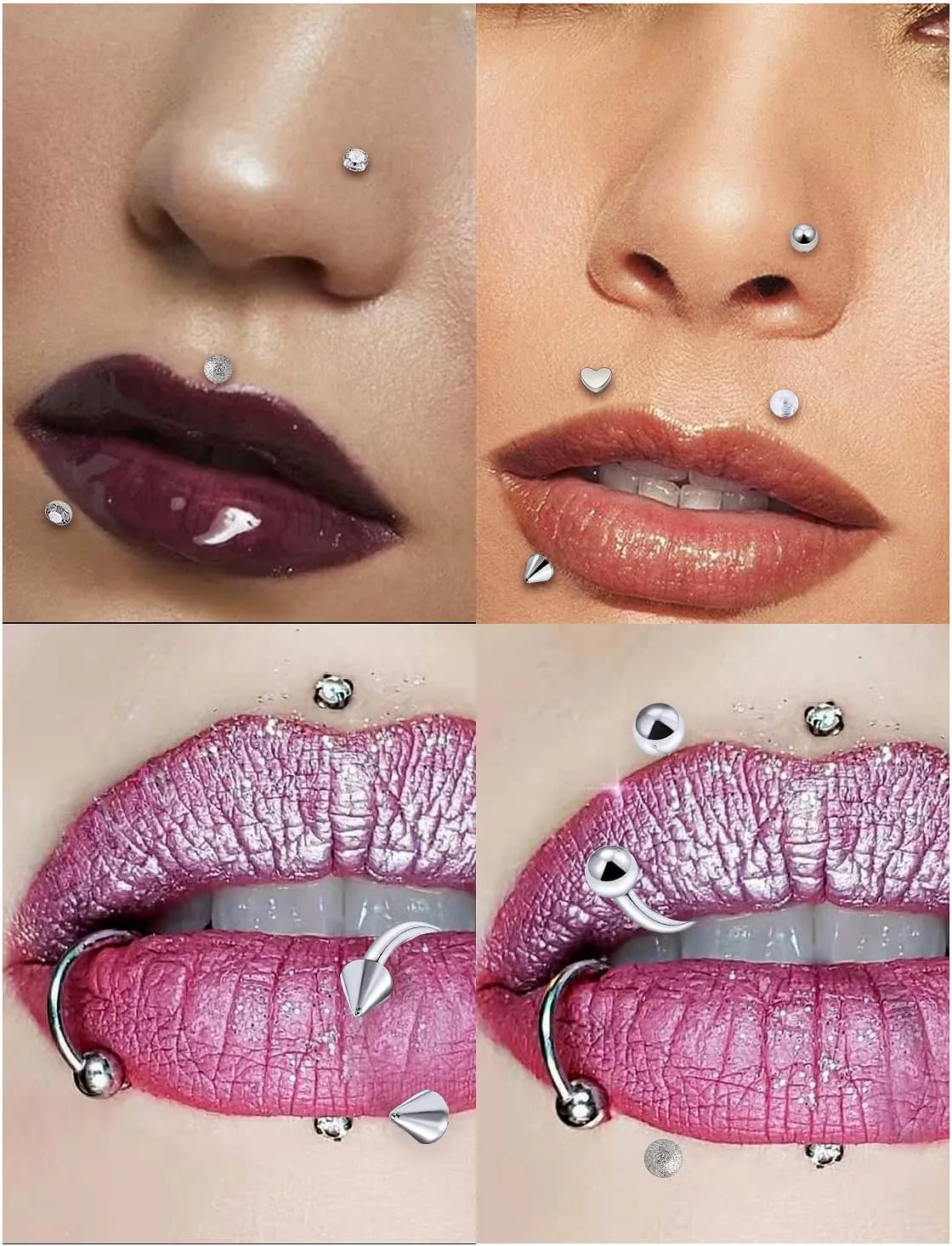 16G Lip Rings and Studs - Stainless Steel Horseshoe, Medusa Labret, Monroe Piercing Jewelry for Women - Tragus, Helix, Cartilage, Forward Earrings Retainer 17pcs