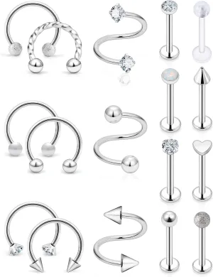 16G Lip Rings and Studs - Stainless Steel Horseshoe, Medusa Labret, Monroe Piercing Jewelry for Women - Tragus, Helix, Cartilage, Forward Earrings Retainer 17pcs
