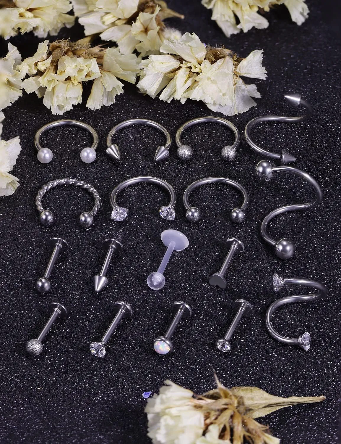 16G Lip Rings and Studs - Stainless Steel Horseshoe, Medusa Labret, Monroe Piercing Jewelry for Women - Tragus, Helix, Cartilage, Forward Earrings Retainer 17pcs